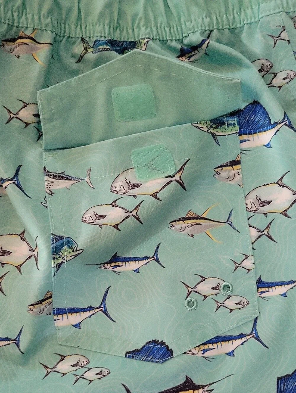 Ocean Coast Men's Mint Green Fish-Print Swim Board Shorts, Drawstring Waist Sz L